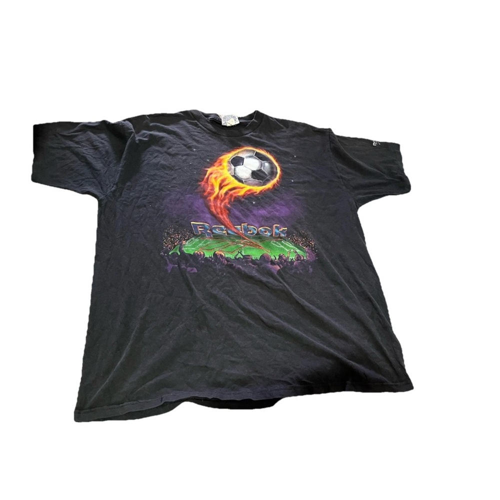 Vintage 1990s Reebok Soccer Ball On Fire Field TShirt 2XL Single Stitch Futbol
